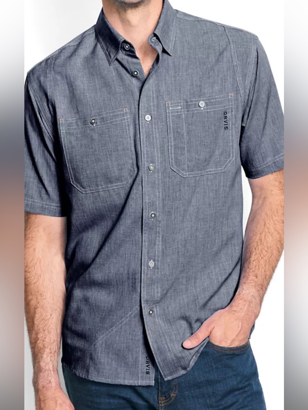 Orvis Men’s Short-Sleeve Button-Down Shirt in Chambray Blue NWT